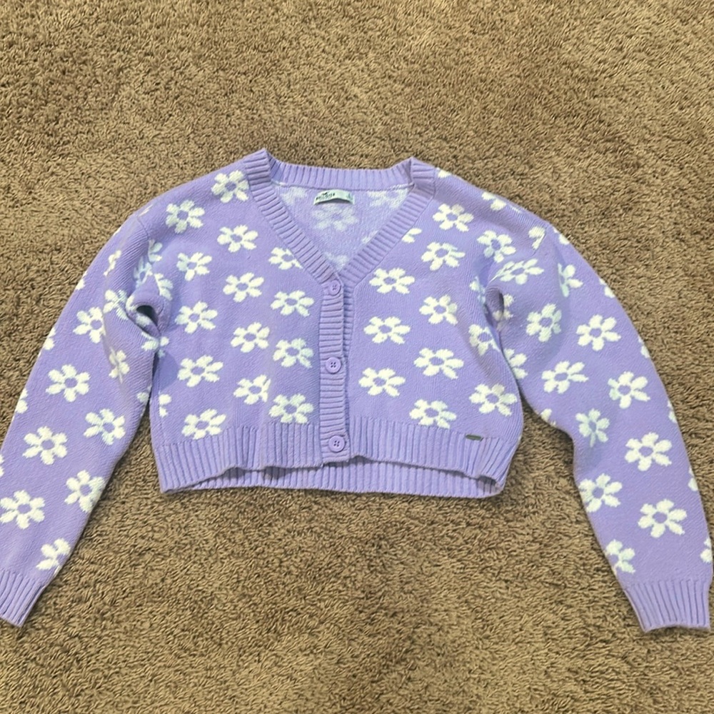 Hollister Light Purple Cropped Cardigan with Flowers